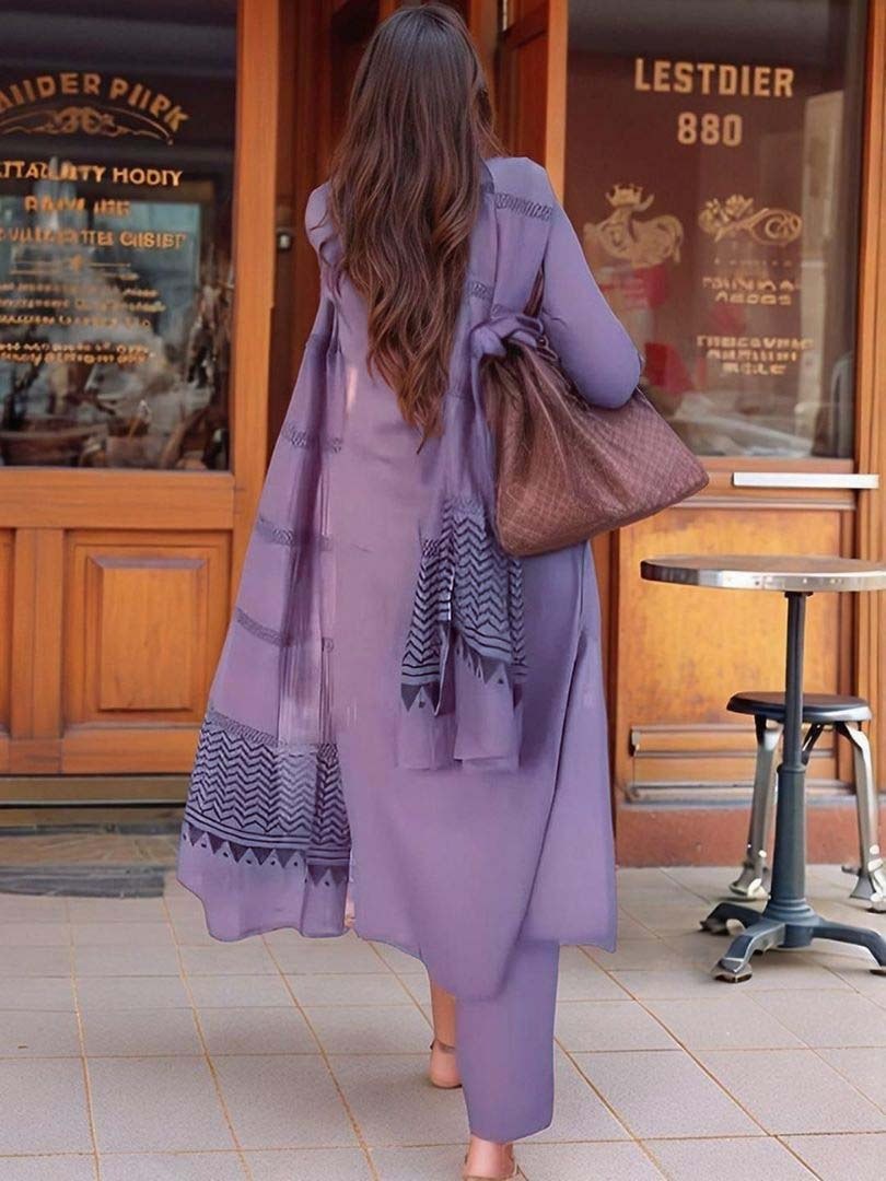 Lavender Solid Suit Set with Checked Dupatta - D-24 - view 6