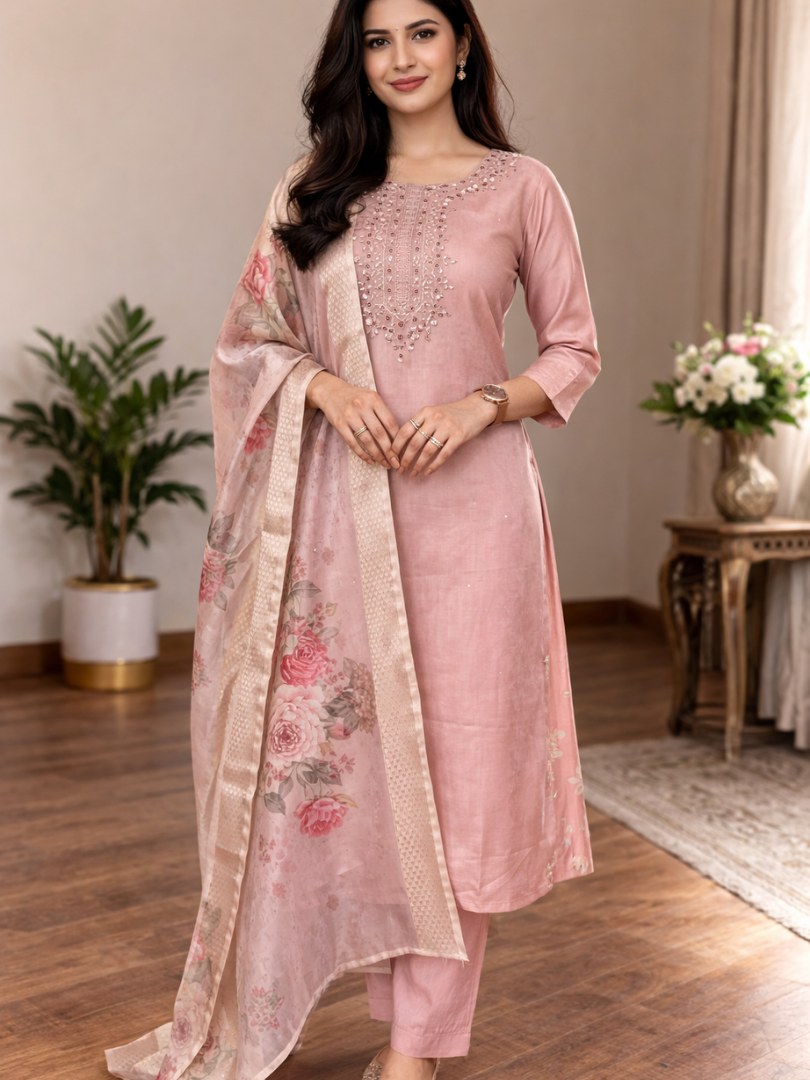 Blush Pink Embroidered Suit Set with Floral Dupatta - D-25 - view 1
