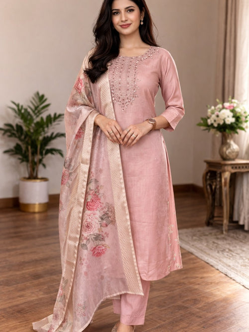 Blush Pink Embroidered Suit Set with Floral Dupatta - D-25 - view 1