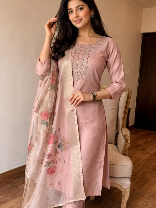 Blush Pink Embroidered Suit Set with Floral Dupatta - D-25 - view 2