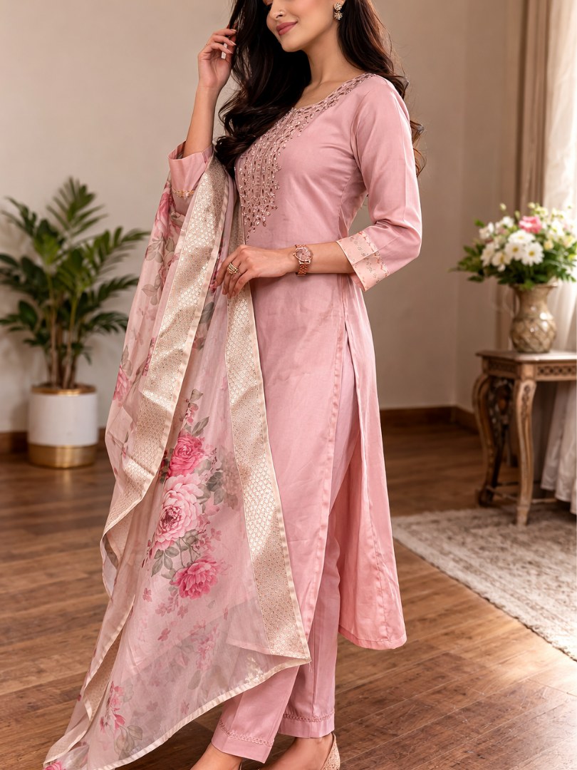 Blush Pink Embroidered Suit Set with Floral Dupatta - D-25 - view 3