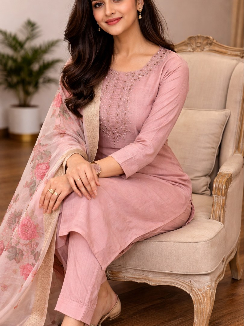Blush Pink Embroidered Suit Set with Floral Dupatta - D-25 - view 4