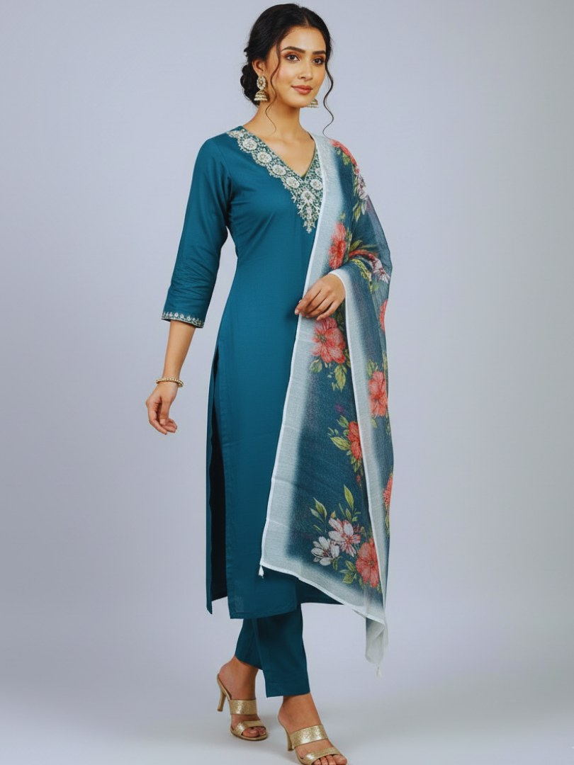 Teal Blue V-Neck Embroidered Suit Set with Chanderi Dupatta - D-26 - view 1