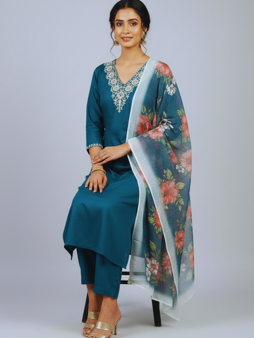 Teal Blue V-Neck Embroidered Suit Set with Chanderi Dupatta - D-26 - view 2