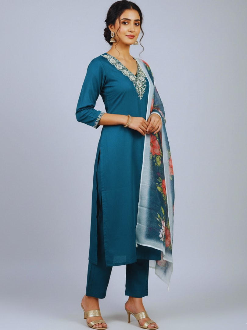 Teal Blue V-Neck Embroidered Suit Set with Chanderi Dupatta - D-26 - view 3