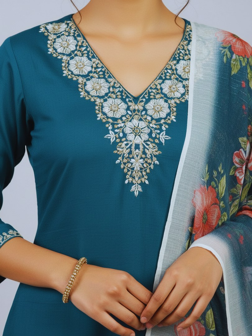 Teal Blue V-Neck Embroidered Suit Set with Chanderi Dupatta - D-26 - view 4