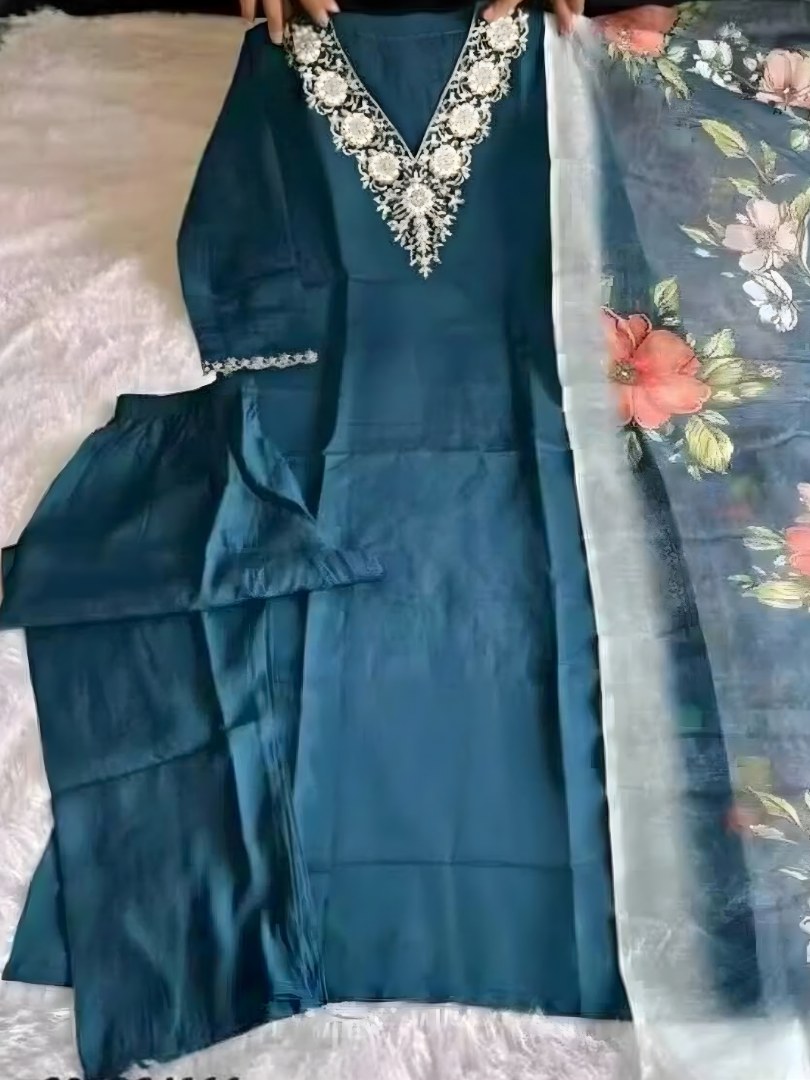 Teal Blue V-Neck Embroidered Suit Set with Chanderi Dupatta - D-26 - view 5