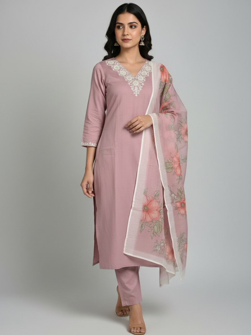 Dusty Pink V-Neck Embroidered Suit Set with Chanderi Dupatta - D-27 - view 1