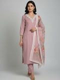 Dusty Pink V-Neck Embroidered Suit Set with Chanderi Dupatta - D-27 - view 1