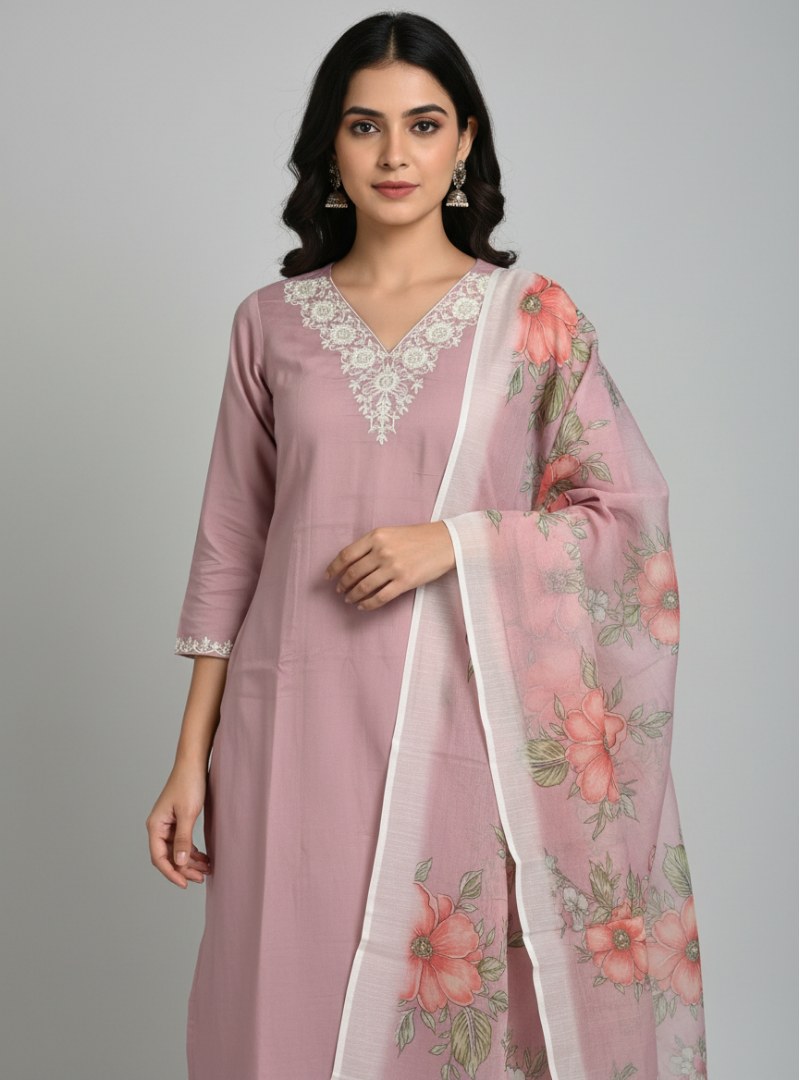 Dusty Pink V-Neck Embroidered Suit Set with Chanderi Dupatta - D-27 - view 2