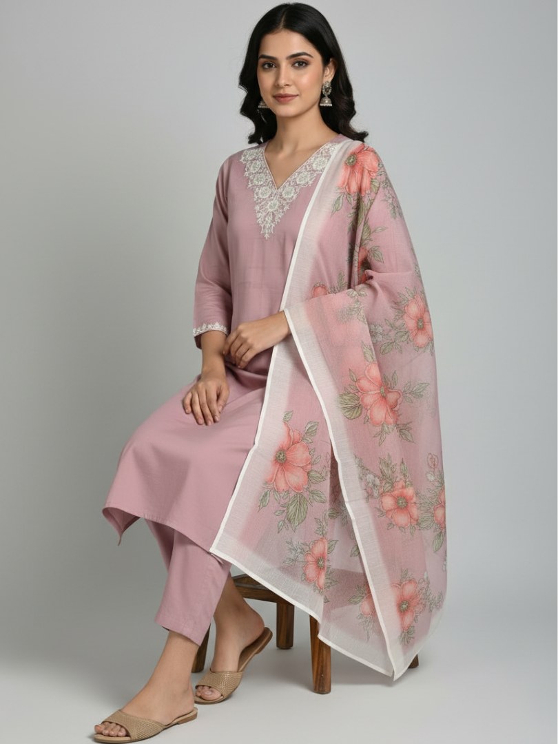 Dusty Pink V-Neck Embroidered Suit Set with Chanderi Dupatta - D-27 - view 3
