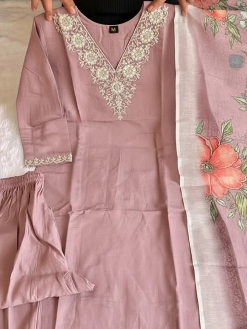 Dusty Pink V-Neck Embroidered Suit Set with Chanderi Dupatta - D-27 - view 4