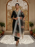 Black V-Neck Embroidered Suit Set with Chanderi Dupatta - D-28 - view 1