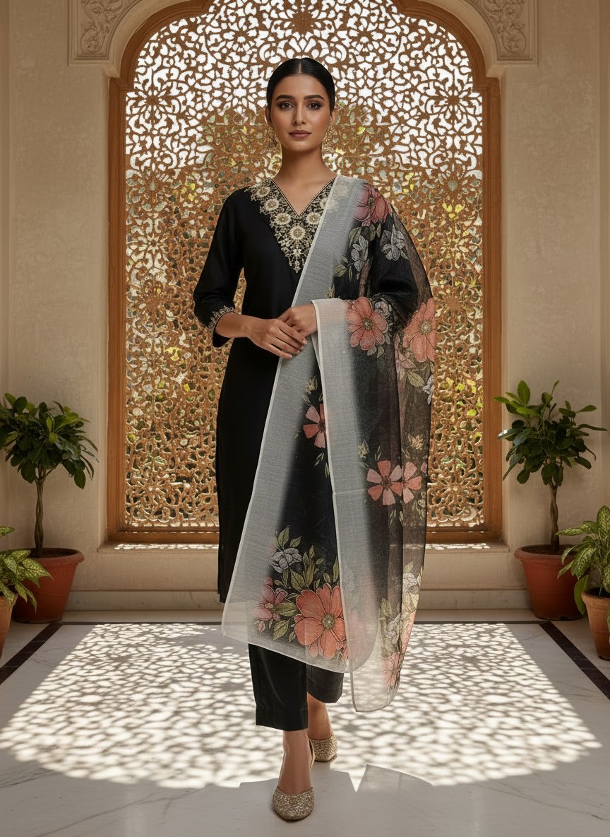 Black V-Neck Embroidered Suit Set with Chanderi Dupatta - D-28 - view 1