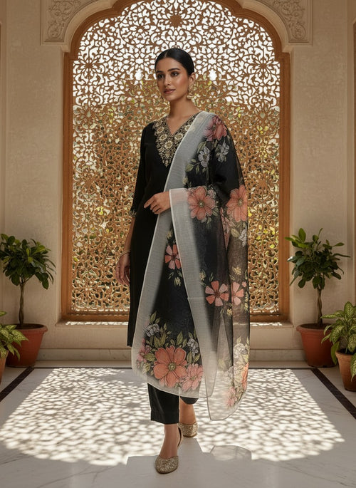Black V-Neck Embroidered Suit Set with Chanderi Dupatta - D-28 - view 2