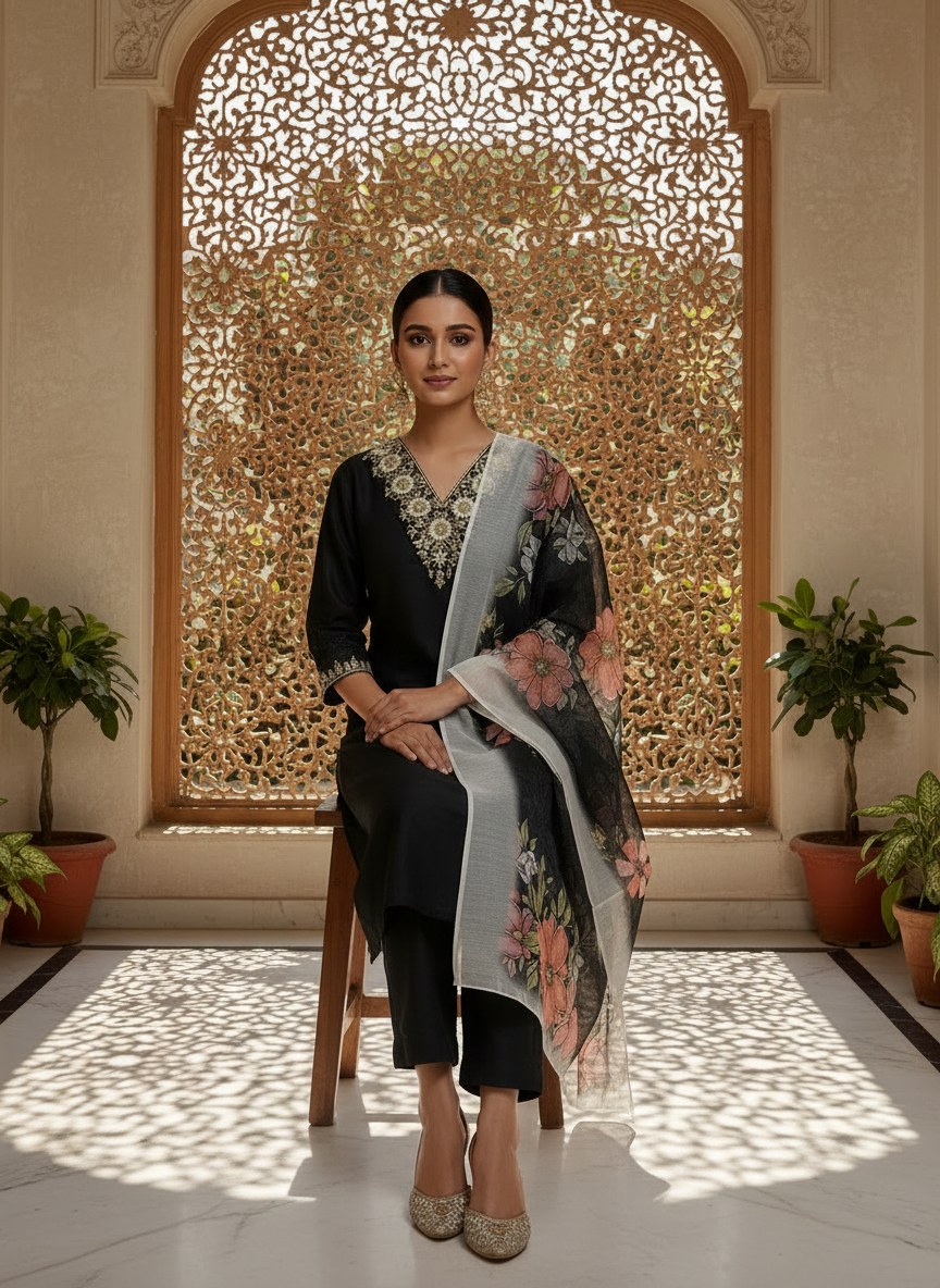 Black V-Neck Embroidered Suit Set with Chanderi Dupatta - D-28 - view 3