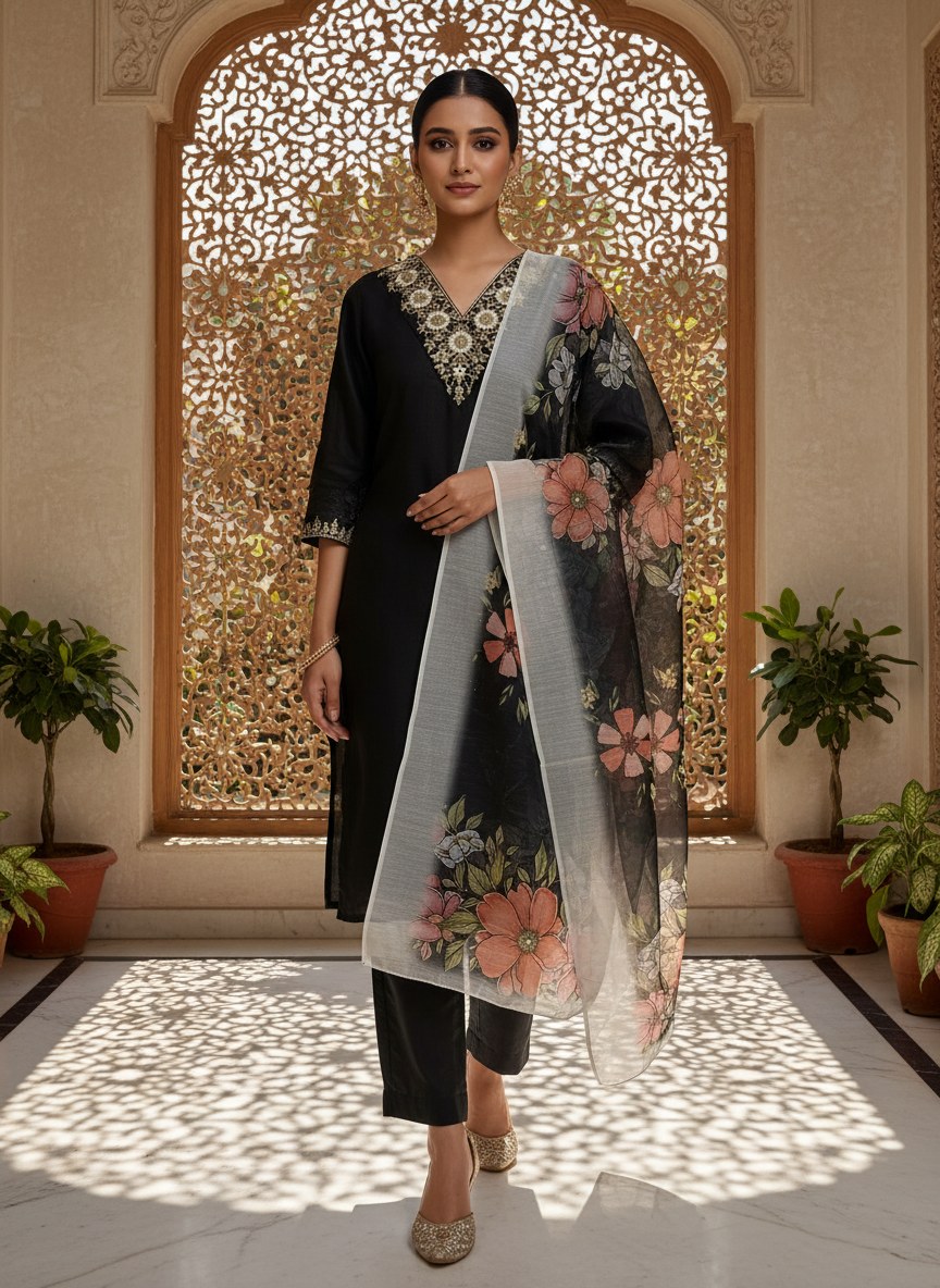 Black V-Neck Embroidered Suit Set with Chanderi Dupatta - D-28 - view 4