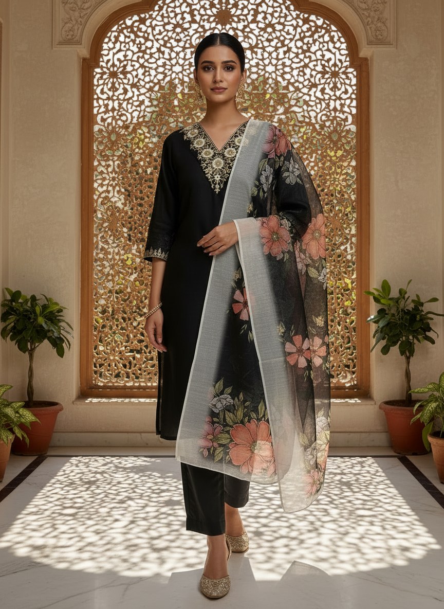 Black V-Neck Embroidered Suit Set with Chanderi Dupatta - D-28 - view 5
