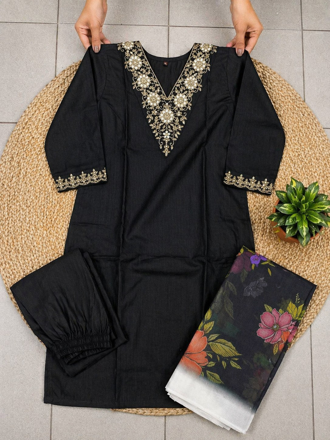 Black V-Neck Embroidered Suit Set with Chanderi Dupatta - D-28 - view 6