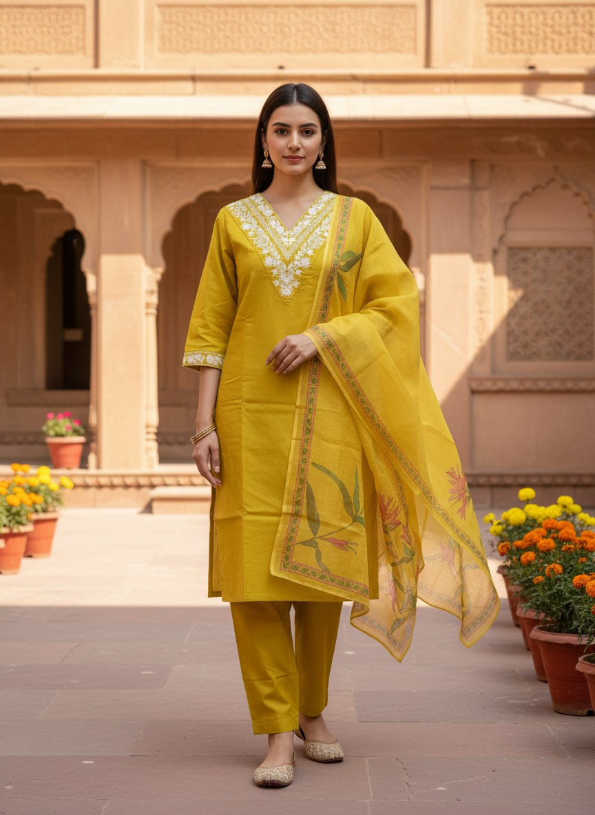 Yellow V-Neck Embroidered Suit Set with Floral Dupatta - D-30 - view 1
