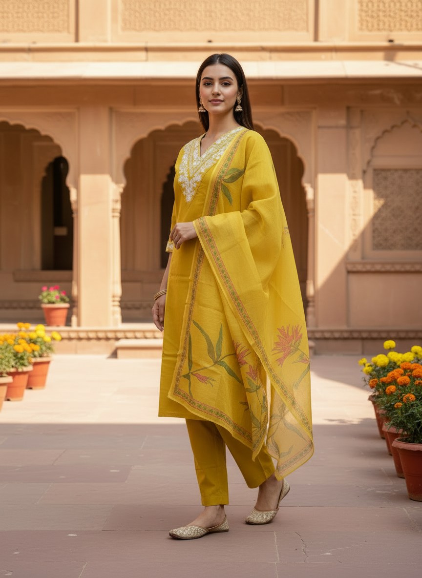 Yellow V-Neck Embroidered Suit Set with Floral Dupatta - D-30 - view 2