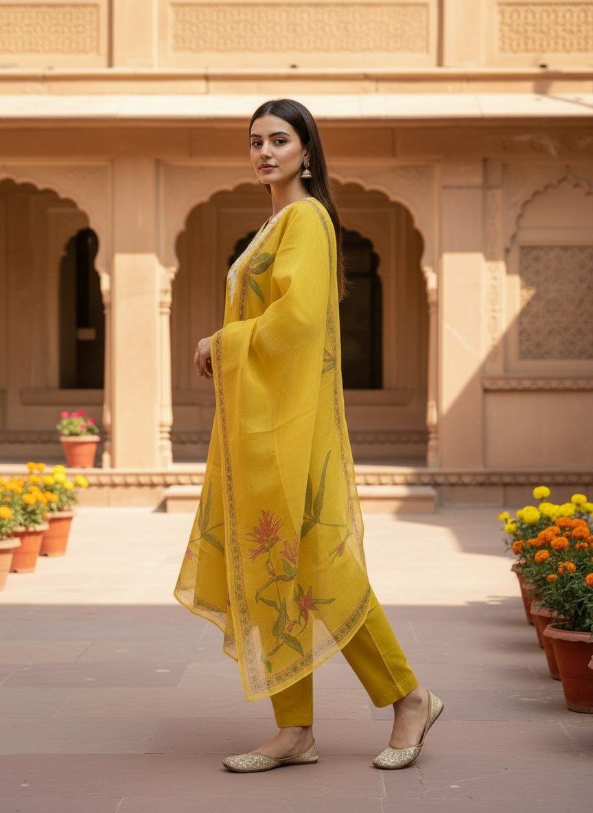 Yellow V-Neck Embroidered Suit Set with Floral Dupatta - D-30 - view 3