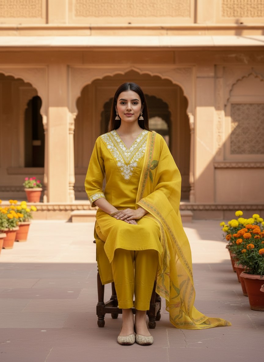 Yellow V-Neck Embroidered Suit Set with Floral Dupatta - D-30 - view 4