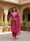Magenta Embroidered Suit Set with Printed Dupatta - D-33 - view 1