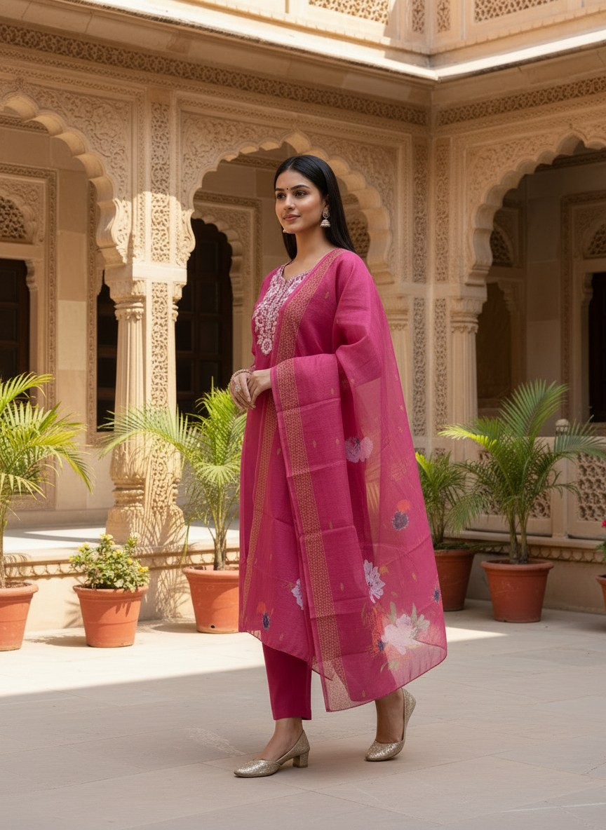 Magenta Embroidered Suit Set with Printed Dupatta - D-33 - view 2
