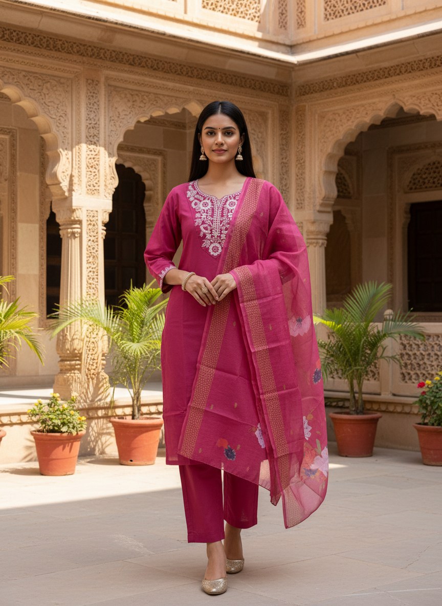 Magenta Embroidered Suit Set with Printed Dupatta - D-33 - view 3
