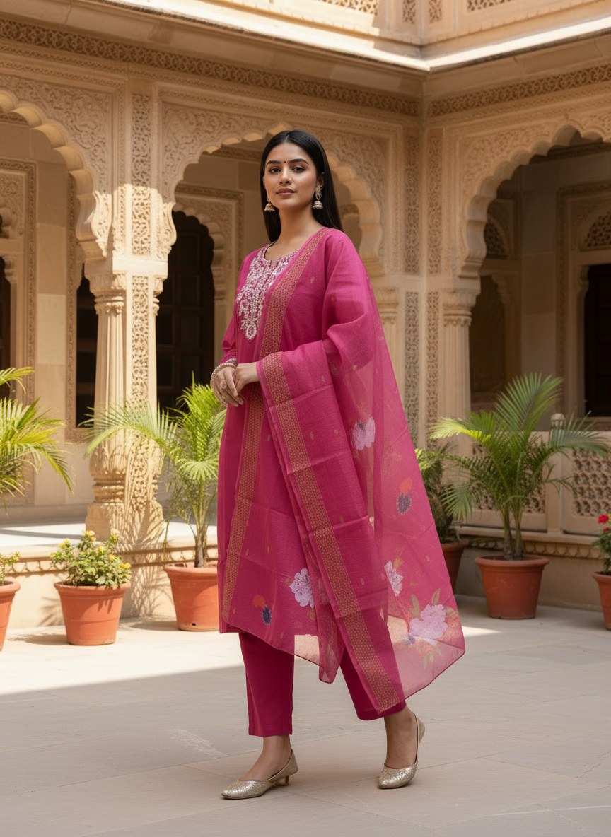 Magenta Embroidered Suit Set with Printed Dupatta - D-33 - view 4