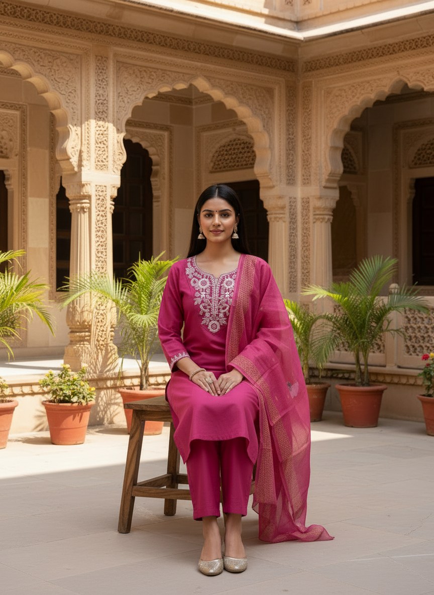 Magenta Embroidered Suit Set with Printed Dupatta - D-33 - view 5