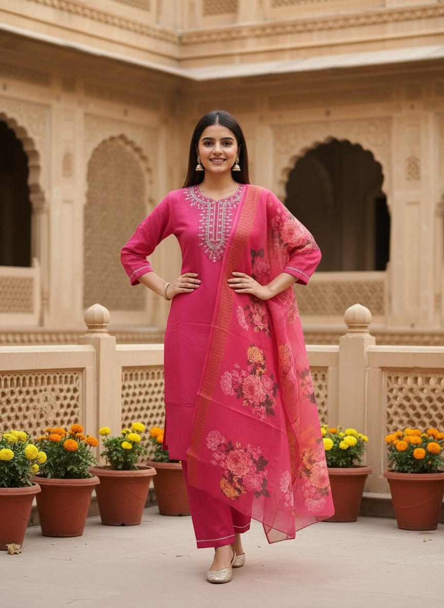 Fuchsia Pink Embroidered Suit Set with Floral Dupatta - D-34 - view 1