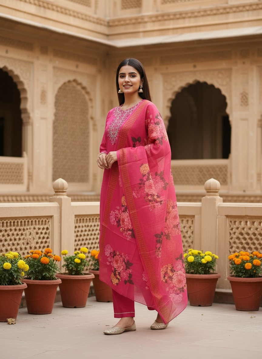 Fuchsia Pink Embroidered Suit Set with Floral Dupatta - D-34 - view 2