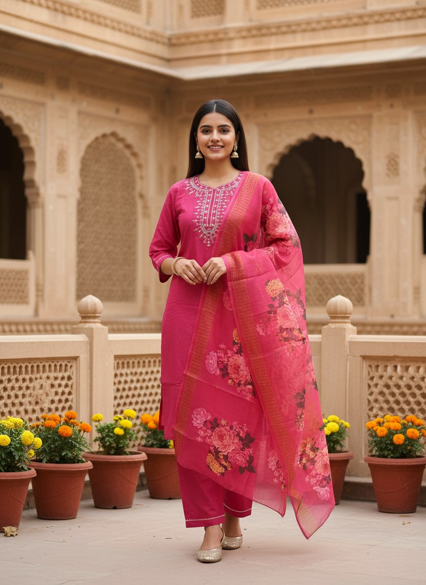 Fuchsia Pink Embroidered Suit Set with Floral Dupatta - D-34 - view 3