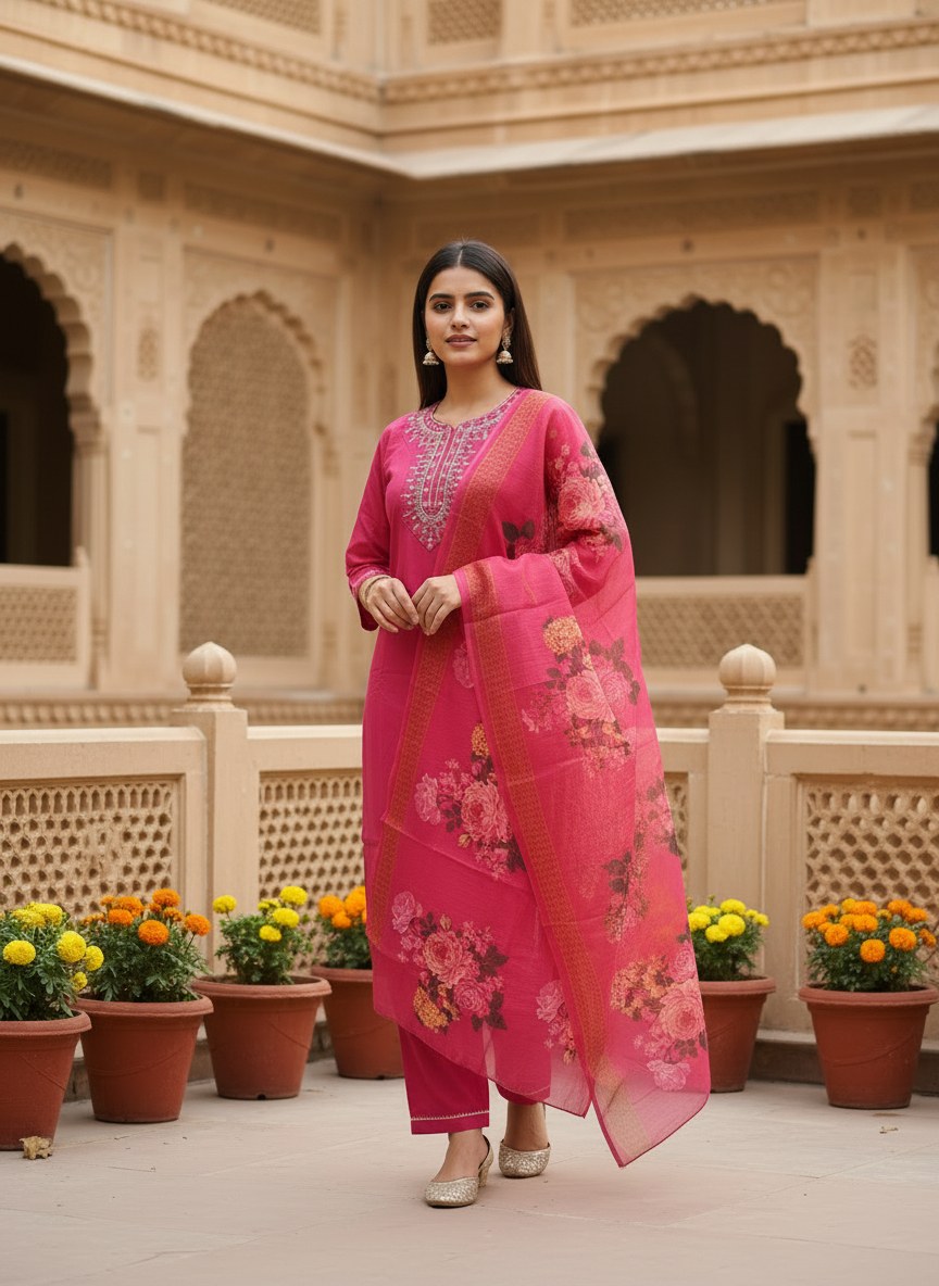 Fuchsia Pink Embroidered Suit Set with Floral Dupatta - D-34 - view 4