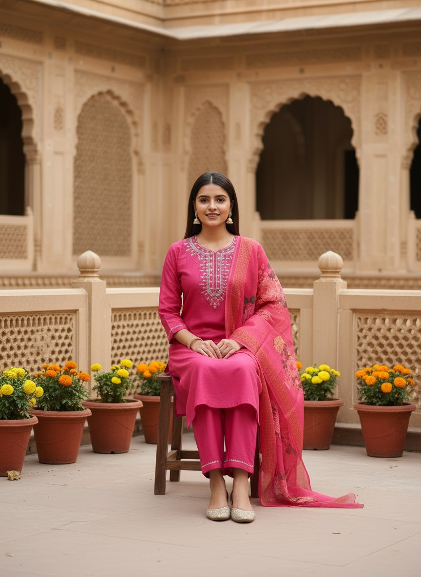 Fuchsia Pink Embroidered Suit Set with Floral Dupatta - D-34 - view 5