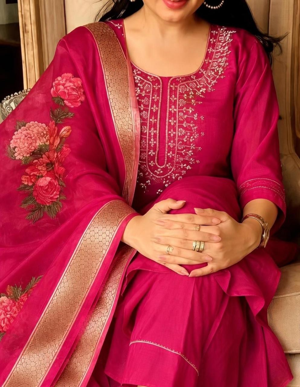 Fuchsia Pink Embroidered Suit Set with Floral Dupatta - D-34 - view 6