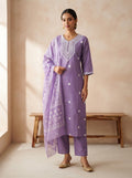Lavender Embroidered Butti Suit Set with Printed Dupatta - D-41 - view 1