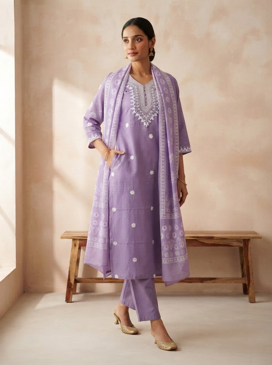 Lavender Embroidered Butti Suit Set with Printed Dupatta - D-41 - view 2