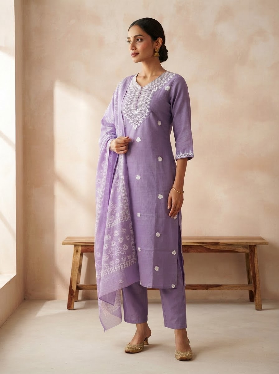 Lavender Embroidered Butti Suit Set with Printed Dupatta - D-41 - view 3
