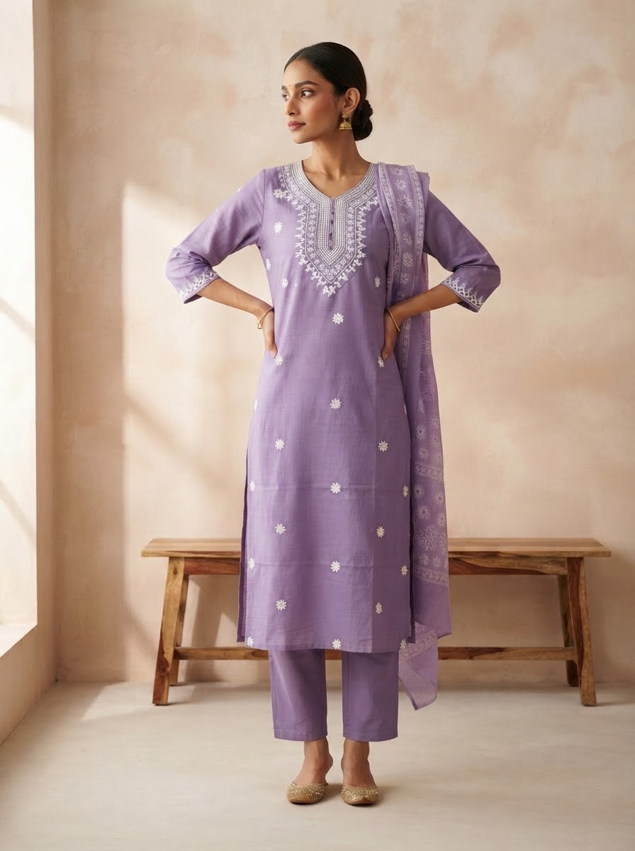 Lavender Embroidered Butti Suit Set with Printed Dupatta - D-41 - view 4