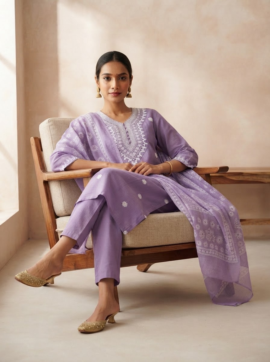 Lavender Embroidered Butti Suit Set with Printed Dupatta - D-41 - view 5