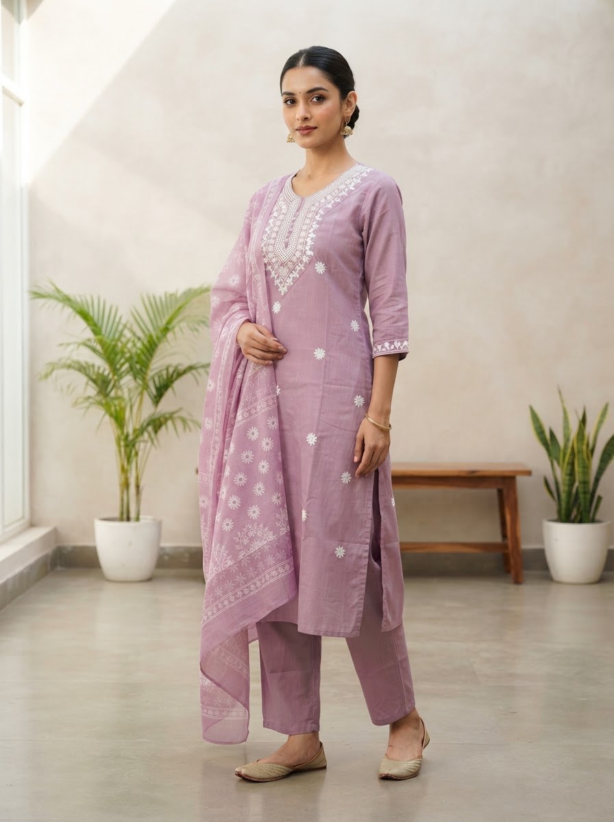 Onion Pink Embroidered Butti Suit Set with Printed Dupatta - D-42 - view 1