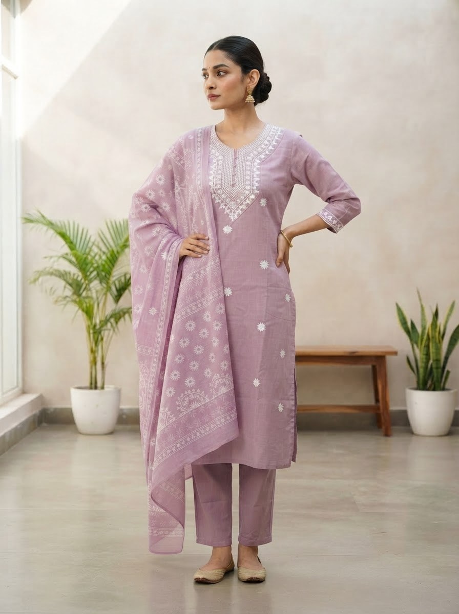Onion Pink Embroidered Butti Suit Set with Printed Dupatta - D-42 - view 2