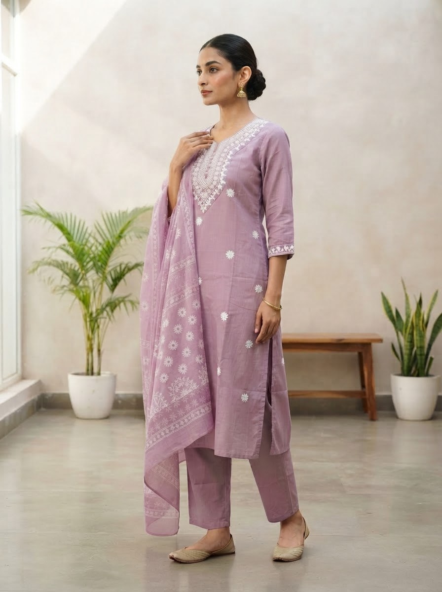 Onion Pink Embroidered Butti Suit Set with Printed Dupatta - D-42 - view 3