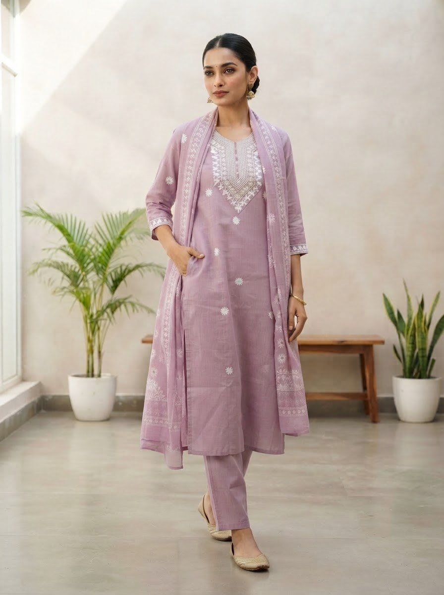 Onion Pink Embroidered Butti Suit Set with Printed Dupatta - D-42 - view 4