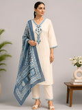 Off-White Embroidered Suit Set with Blue Printed Dupatta - D-43 - view 1