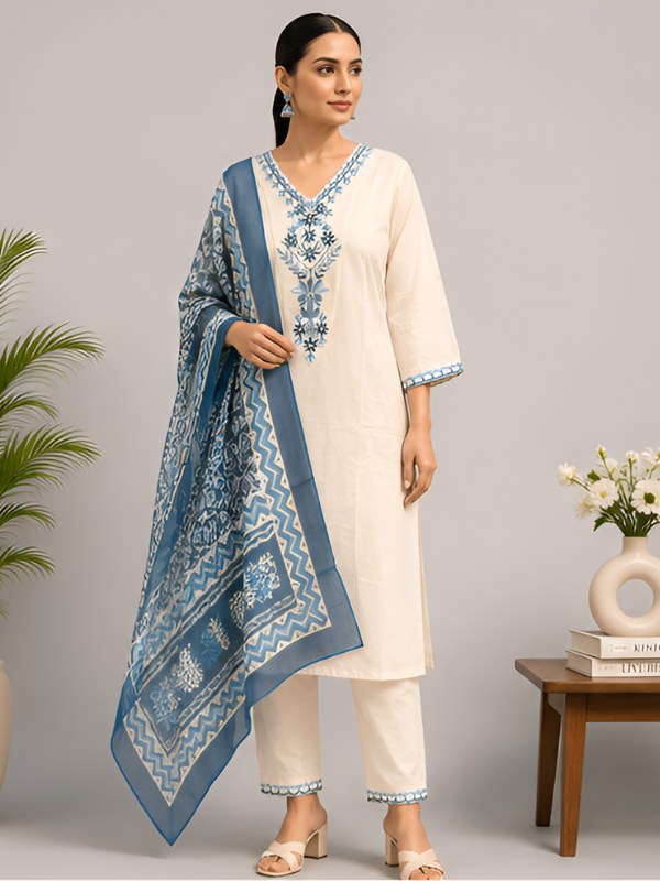 Off-White Embroidered Suit Set with Blue Printed Dupatta - D-43 - view 1