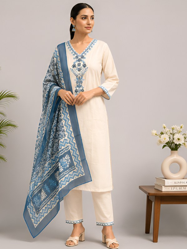 Off-White Embroidered Suit Set with Blue Printed Dupatta - D-43 - view 2
